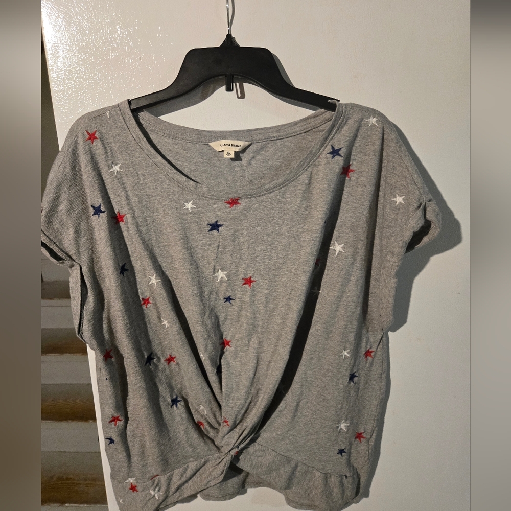 Lucky Brand Gray Patriotic Star Front Knot T-Shirt